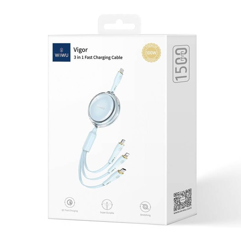 ويوو Wi-C023 سلسلة Vigor كابل شحن ونقل بيانات 3 في 1 (Type-C، Lightning، Micro USB) بقوة 100 واط وطول 1.5 متر