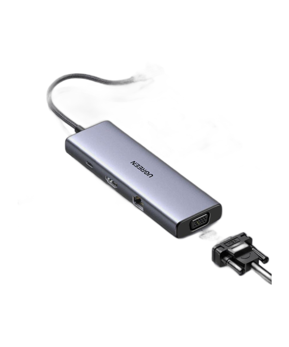 يوجرين 15600 كابل 9 في 1 USB-C إلى 3 منافذ USB-3، VGA، RJ45 1G، HDMI 4K، PD 100W، SD/TF