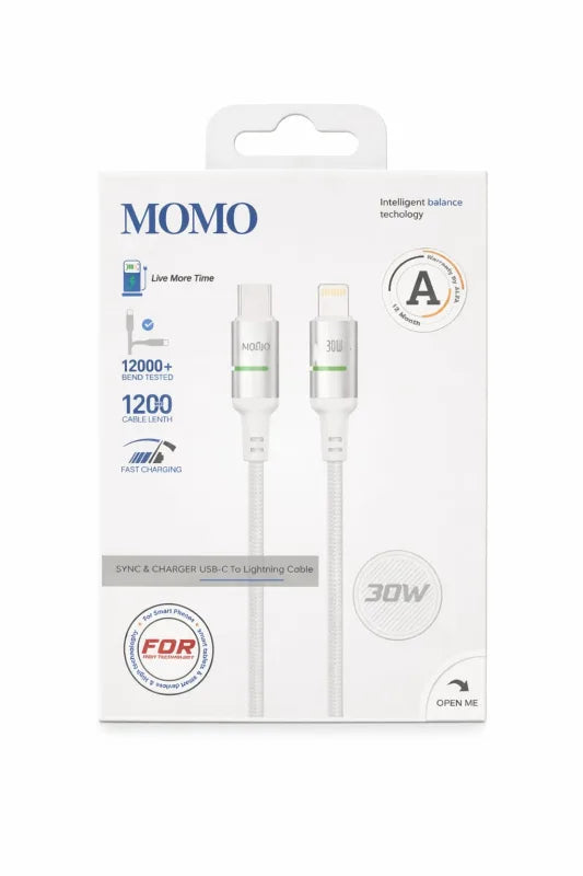 كابل MOMO USB Type-C إلى Lightning للشحن السريع 30 واط بطول 1.2 متر أبيض
