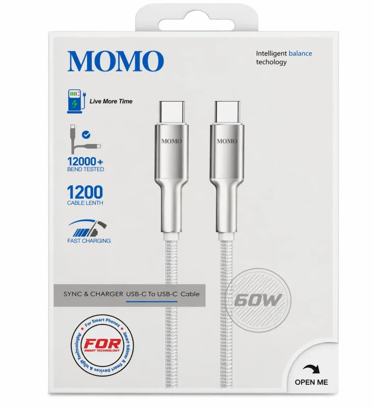 كابل MOMO USB Type-C إلى Type-C للشحن السريع 60 واط بطول 1.2 متر أبيض