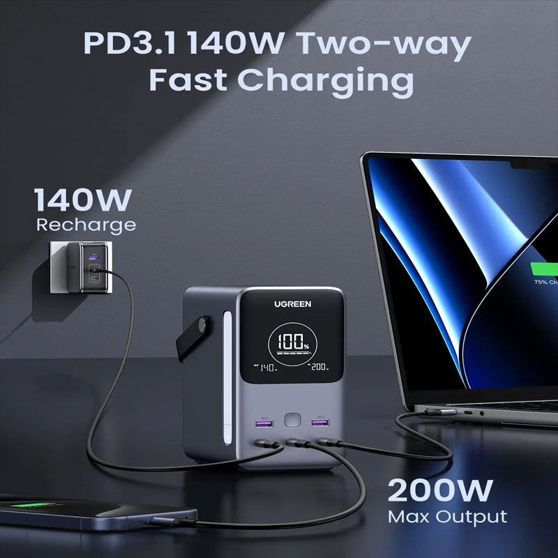 يوجرين باور ستيشن سلكي ديجيتال، 48000 مللي امبير، 5 منافذ، منفذين USB-A + عدد 3 منافذ USB-C، بقوة 300 وات، رمادي PB770