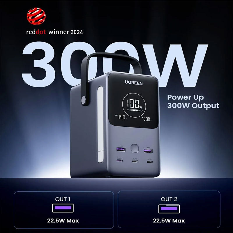 يوجرين باور ستيشن سلكي ديجيتال، 48000 مللي امبير، 5 منافذ، منفذين USB-A + عدد 3 منافذ USB-C، بقوة 300 وات، رمادي PB770