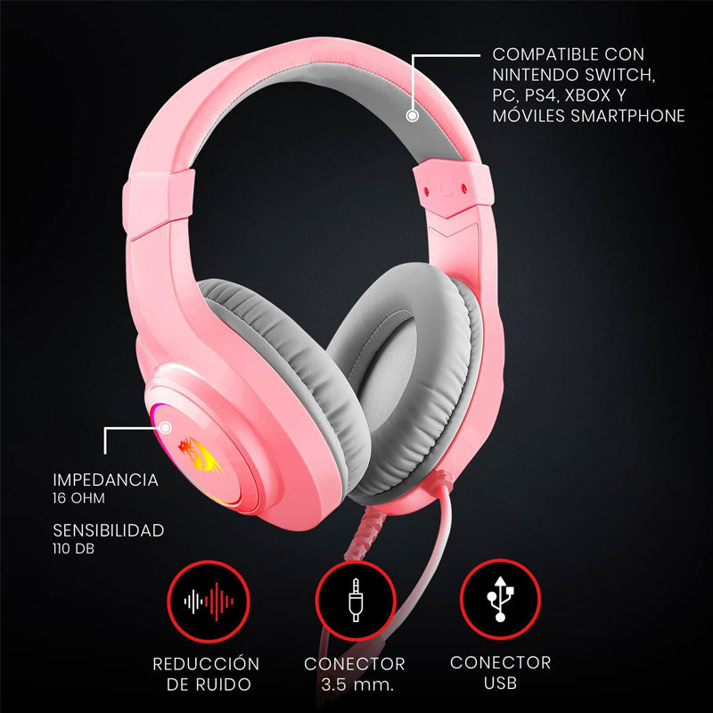 ريدراجون سماعة ألعاب H260 Hylas سلكية ميكروفون عازل للضوضاء وإضاءة RGB