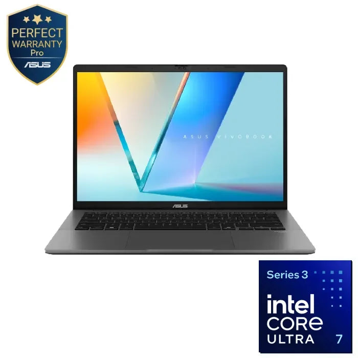 لابتوب ASUS Vivobook S14 معالج Intel® Core™ Ultra 7 355، ذاكرة 16 جيجابايت، سعة 512 جيجابايت SSD، بطاقة Intel® Graphics، شاشة 14 بوصة WUXGA، ويندوز 11، رمادي مطفي