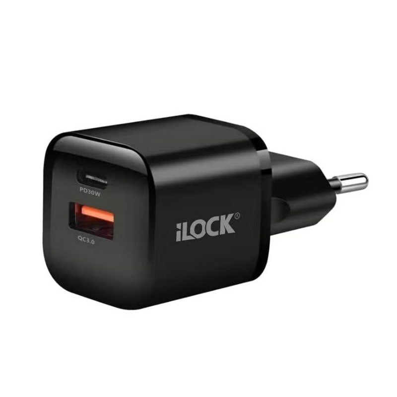 شاحن حائط أي لوك بمنفذ تايب سي PD + منفذ يو اس بي QC3.0 بقوة 30 وات شحن سريع أسود